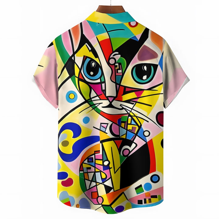 Geometric Abstract Cat Casual Short Sleeve Shirt 2409006088