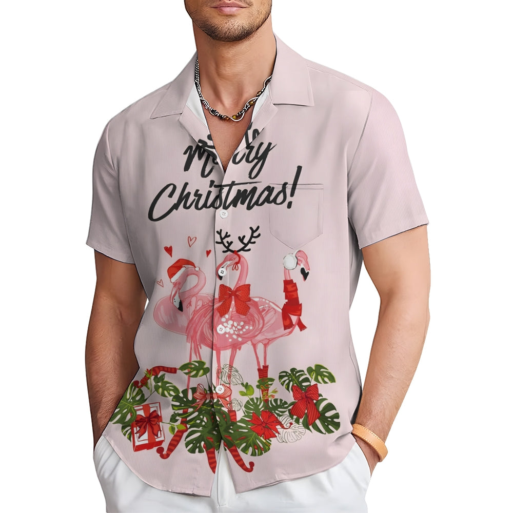 Merry Christmas Flamingo Casual Short Sleeve Shirt 2411008104