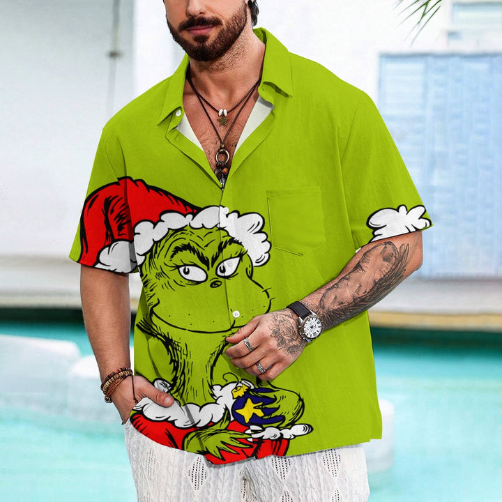 Christmas Green Monster Cartoon Casual Large Size Short Sleeve Shirt 2407004226