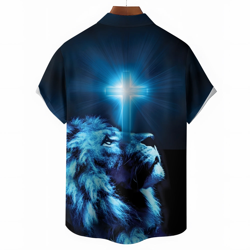 Christian Cross Lion Print Short Sleeve Shirt 2411011903