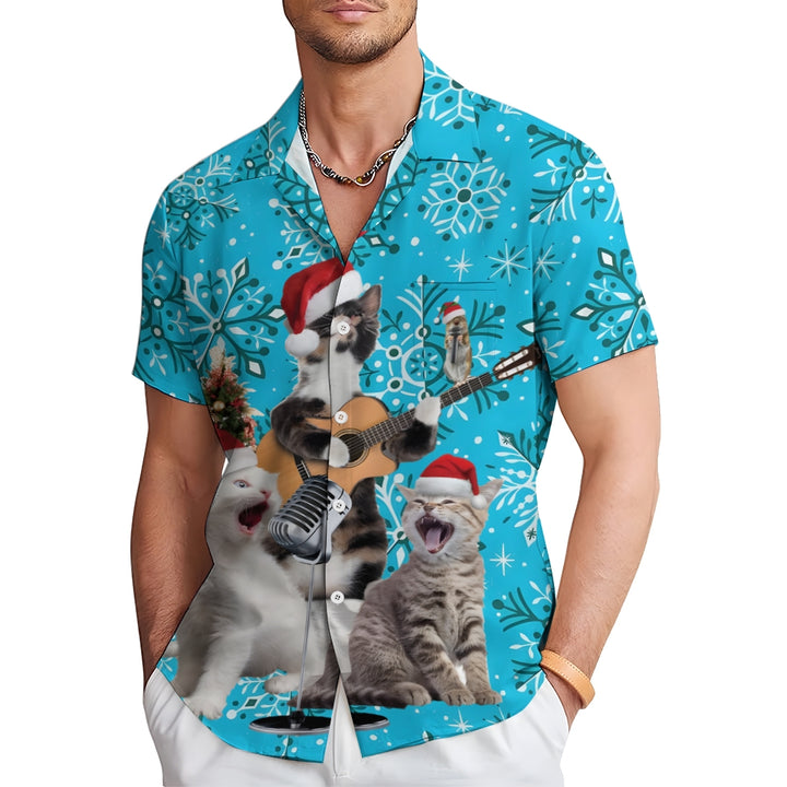 Cats Wearing Santa Hats And Singing Print Short Sleeve Shirt 2410003859