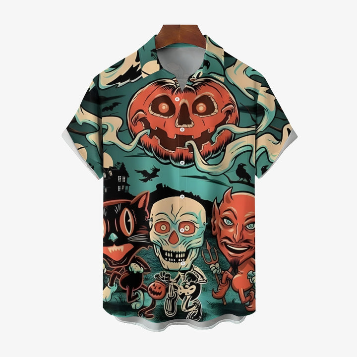 Ghost Devil and Black Cat Halloween Large Size Short Sleeve Shirt 2407004243