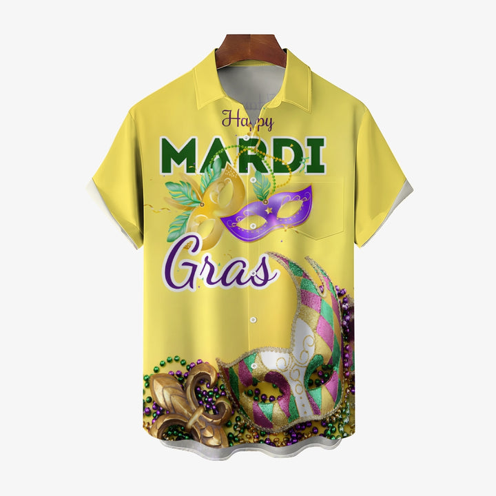 Mardi Gras Chest Pocket Short Sleeve Casual Shirt 2412000673