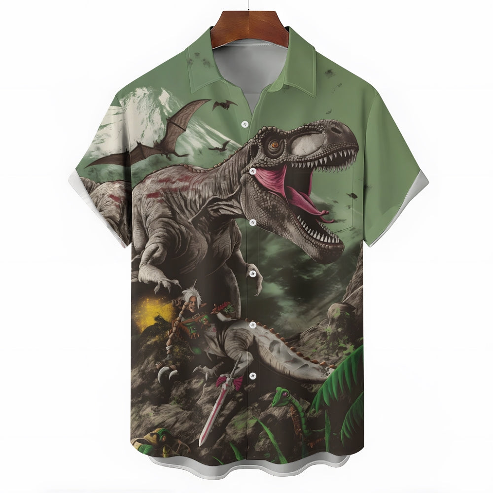 Jurassic Dinosaur Print Casual Short Sleeve Shirt 2408004486