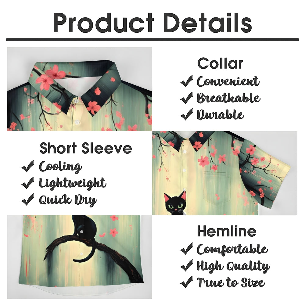 Cat Print Under The Cherry Blossom Tree Casual Shirt 2412008953