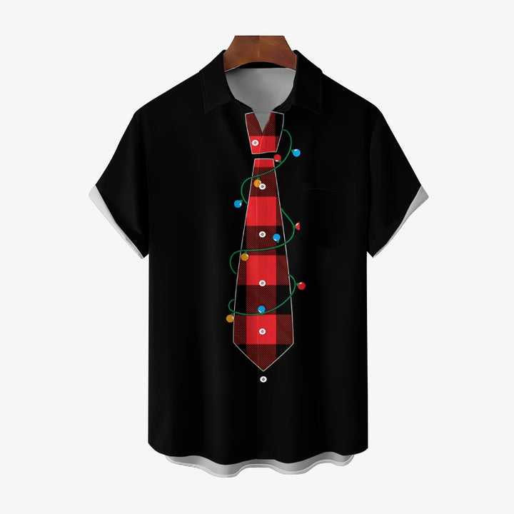 Christmas Check Lights Tie Print Casual Short Sleeve Shirt 2412004841