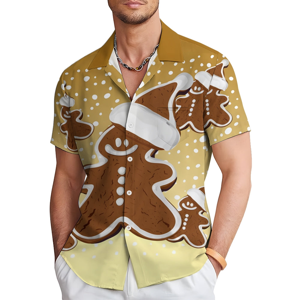 Christmas Snowflake Gingerbread Man Casual Short Sleeve Shirt 2409009539