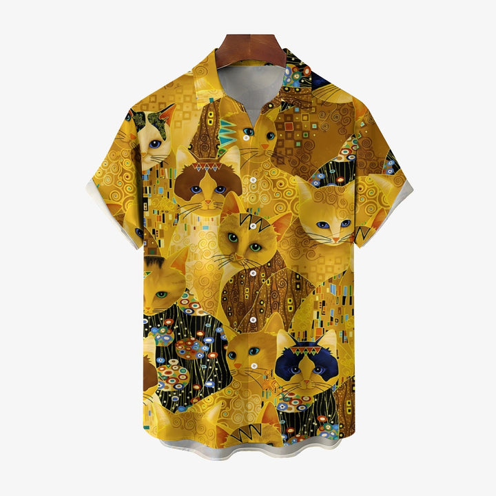 Gold Cat Print Casual Oversized Short Sleeve Shirt 2407005204