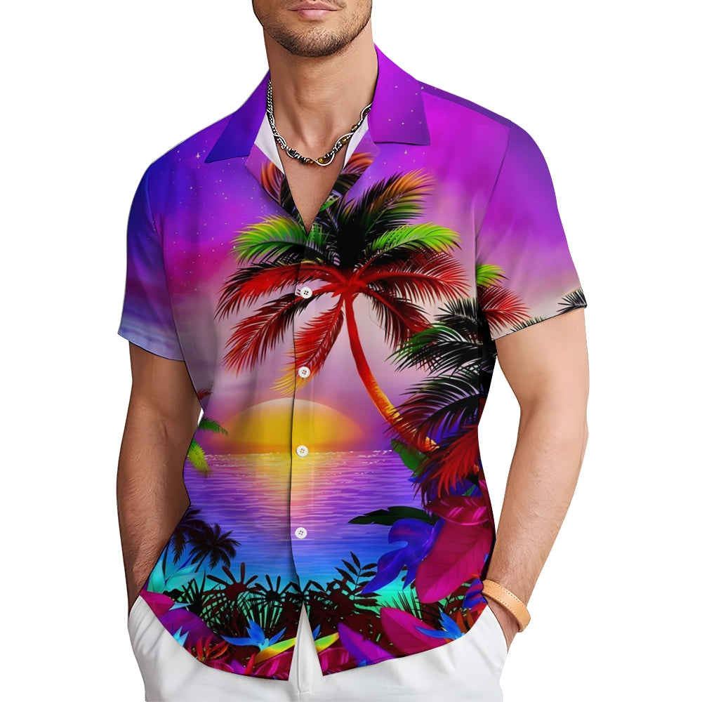 Men's Hawaiian Coconut Tree Sunset Print Short Sleeve Shirt 2412006496