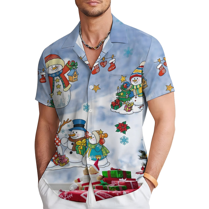 Christmas Cartoon Snowman Casual Short Sleeve Shirt 2409006161