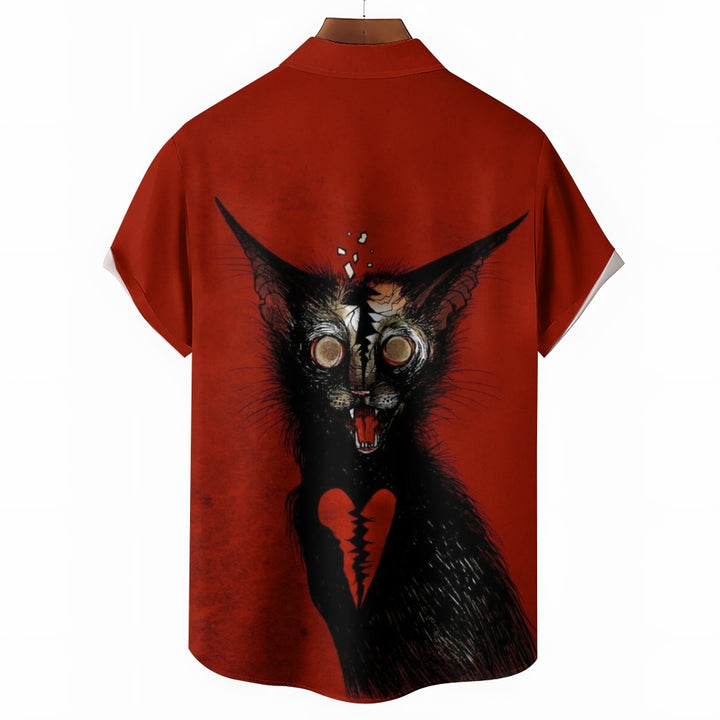 Vintage Red Black Cat Chest Pocket Short Sleeve Shirt 2411005367