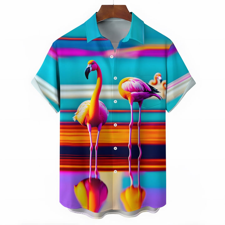 Flamingo Art Print Casual Short Sleeve Shirt 2411008046