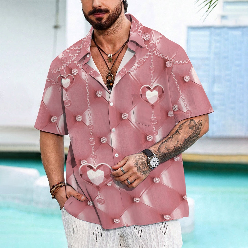 Men's Pink 3d Heart Decorative Print Short Sleeve Shirt 2412008507