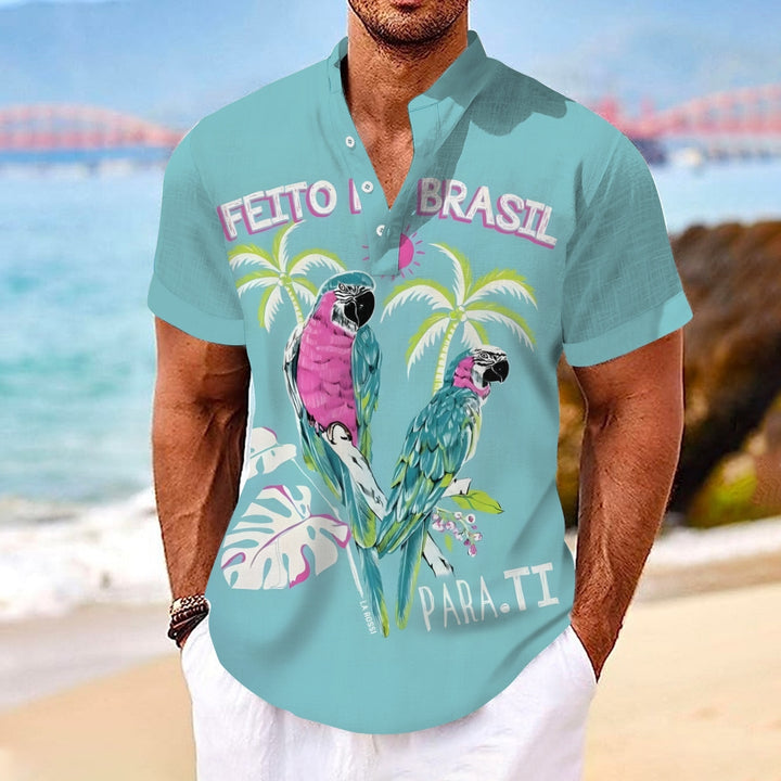 Parrot Vacation Hawaii Comfortable And Breathable Short-Sleeved T-Shirt With Linen Stand Collar And Half Placket 2404001699