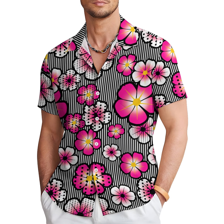 Striped Flower Print Casual Short Sleeve Shirt 2408004643