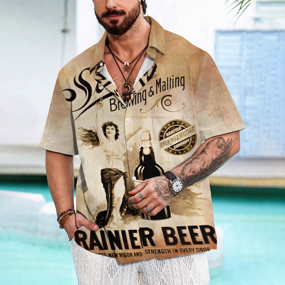 Beer Poster Print Casual Short Sleeve Shirt 2408008426