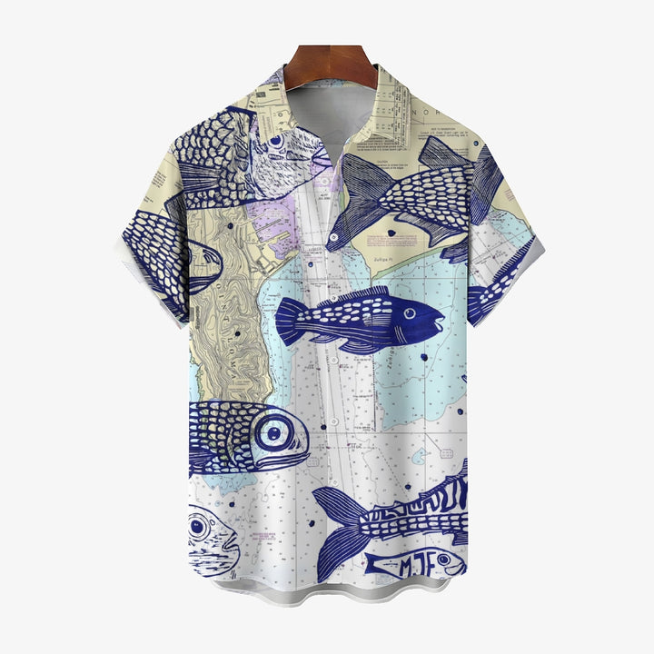 Map Fish Print Linen Short-Sleeved Shirt 2409009637