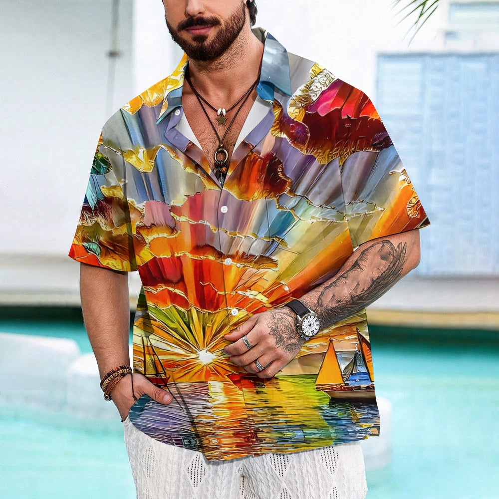 Sailboat Oil Painting Art Light Print Short Sleeve Shirt 2408007010