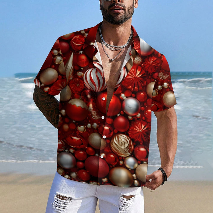 Christmas Decoration Ball Red Casual Short-Sleeved Shirt 2409006039