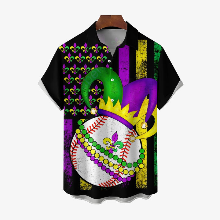 Men's Mardi Gras Baseball Print Casual Short Sleeve Shirt 2412002277