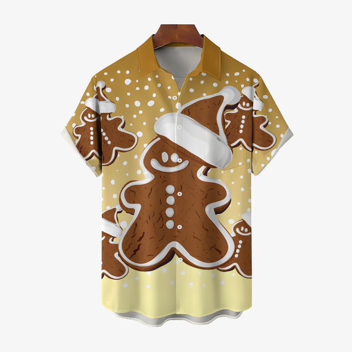 Christmas Snowflake Gingerbread Man Casual Short Sleeve Shirt 2409009539