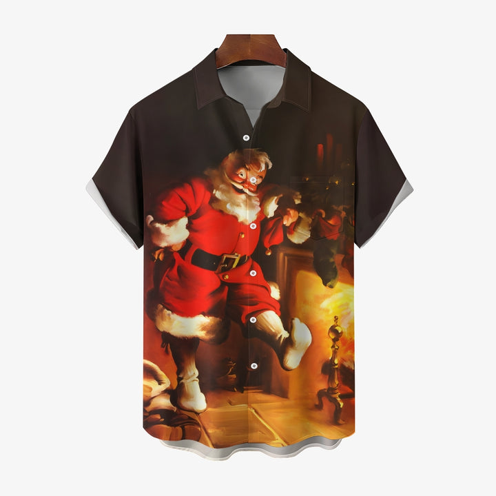 Men's Santa Fireplace Print Casual Short Sleeve Shirt 2410007066