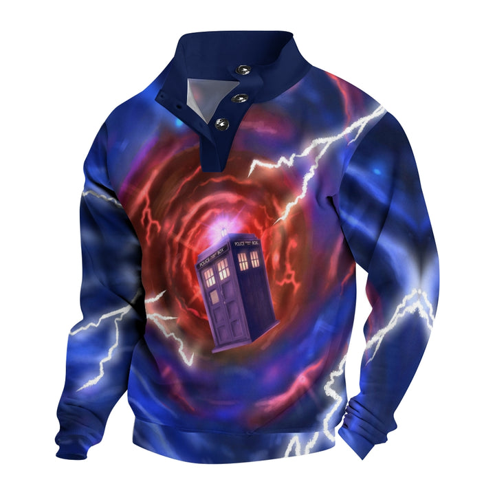 Men's Button Police Box Cartoon Lightning Print Casual Long Sleeve Sweatshirt 2410007396