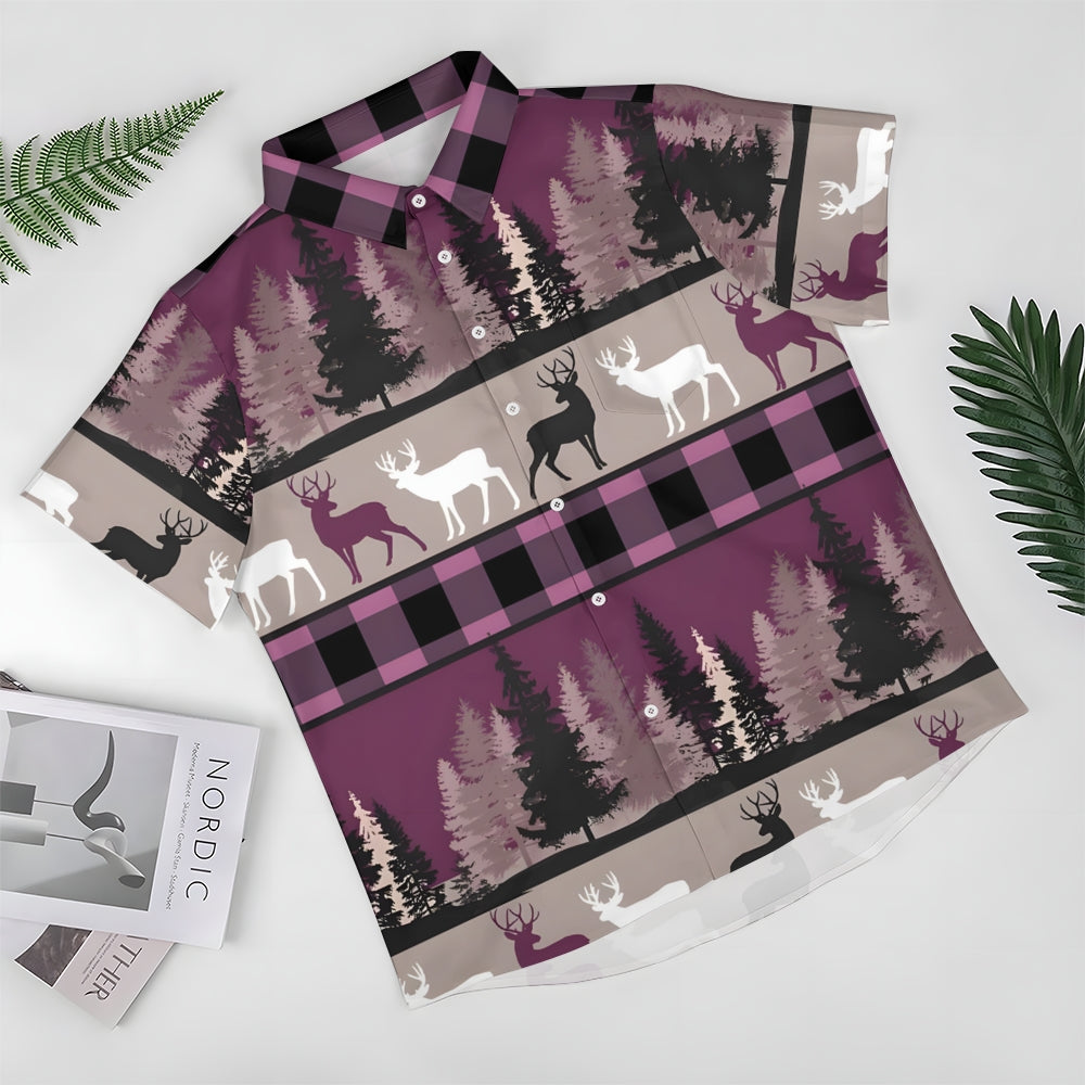 Elk And Pine Trees Casual Short Sleeve Shirt 2410007005