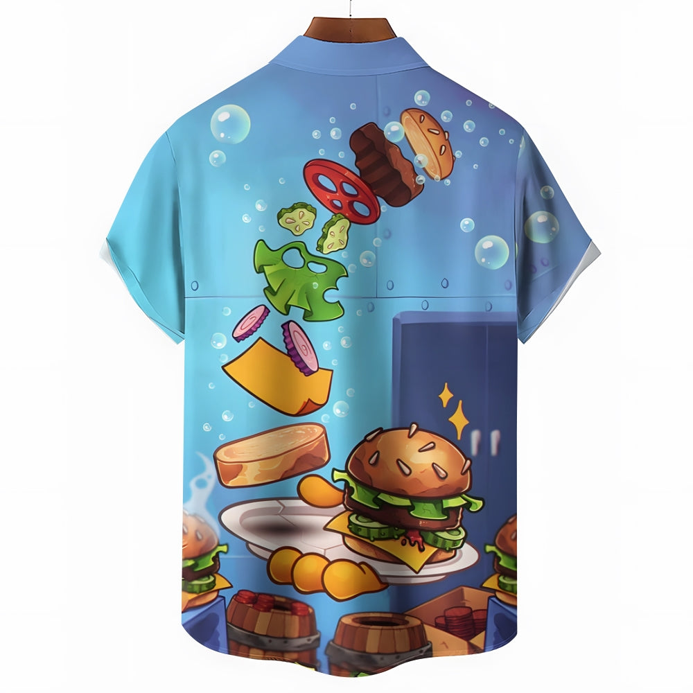 Cartoon Delicious Hamburger Print Casual Short-Sleeved Shirt 2410005570