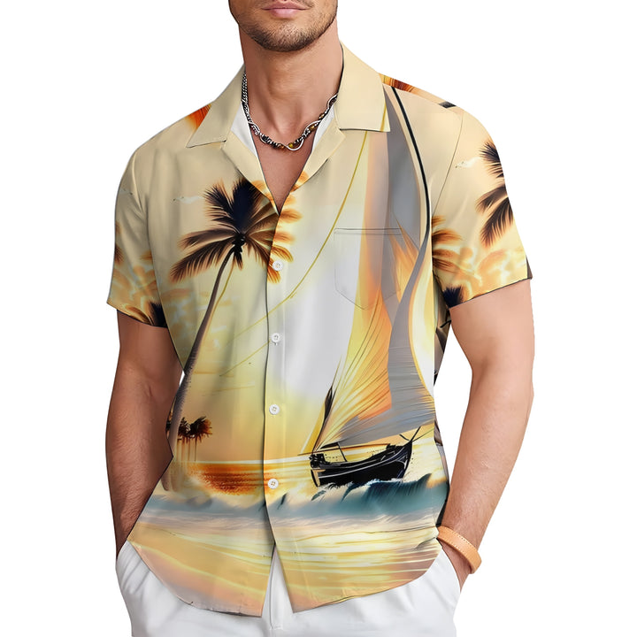 Beach Scenery Sailing Print Casual Short Sleeve Shirt 2404000185