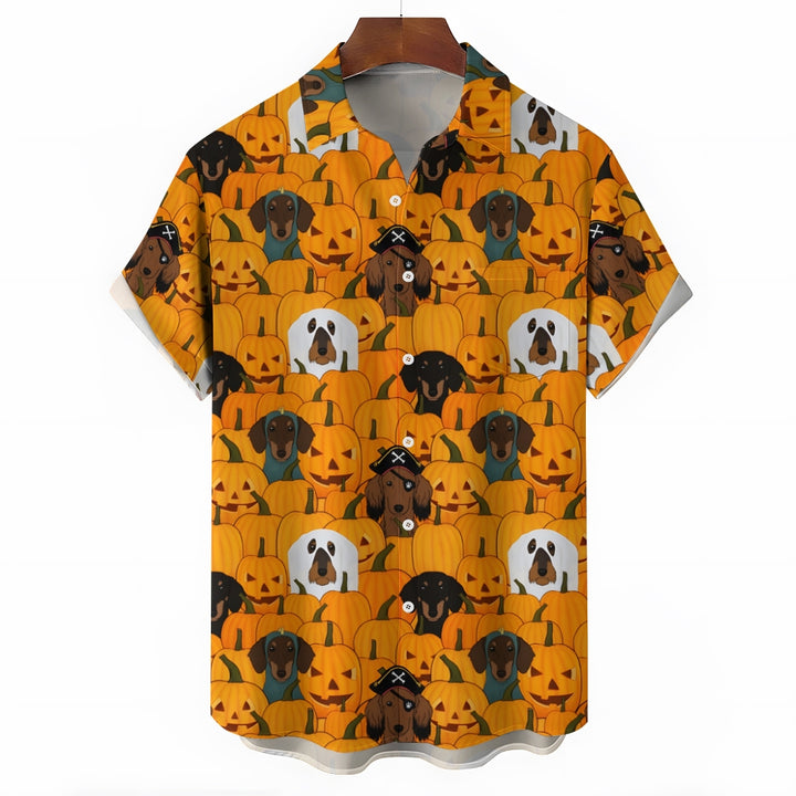 Halloween Pumpkin Puppy Print Short Sleeve Shirt 2408002274