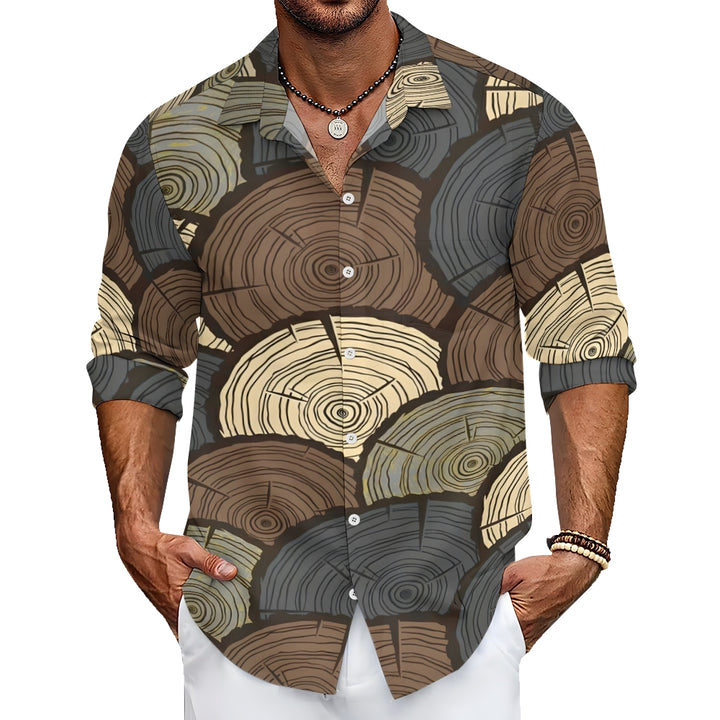 Men's Casual Wood Cross Section Printed Long Sleeve Shirt 2410006597