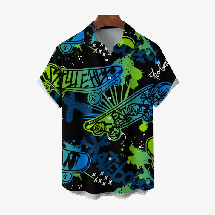 Skateboard Art Print Casual Oversized Short Sleeve Shirt 2406003433