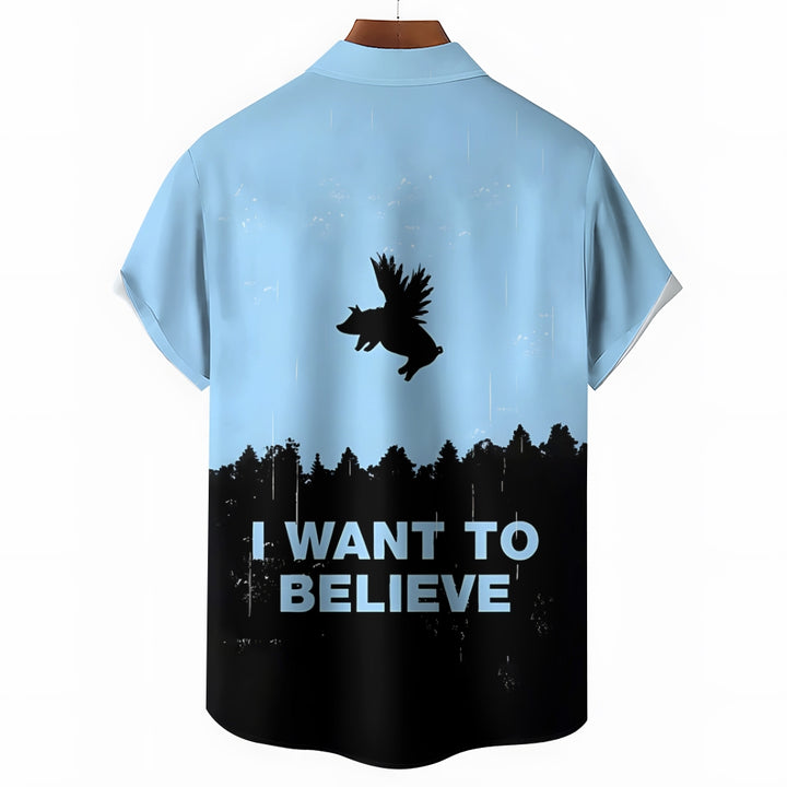 I WANT TO BELIEVE Flying Pig Print Short Sleeve Shirt 2407005314