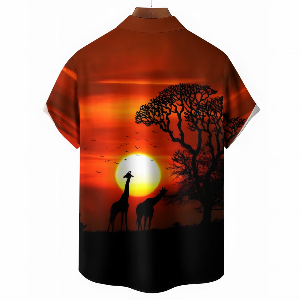 Grassland Giraffe Sunset Casual Large Size Short Sleeve Shirt 2406003217