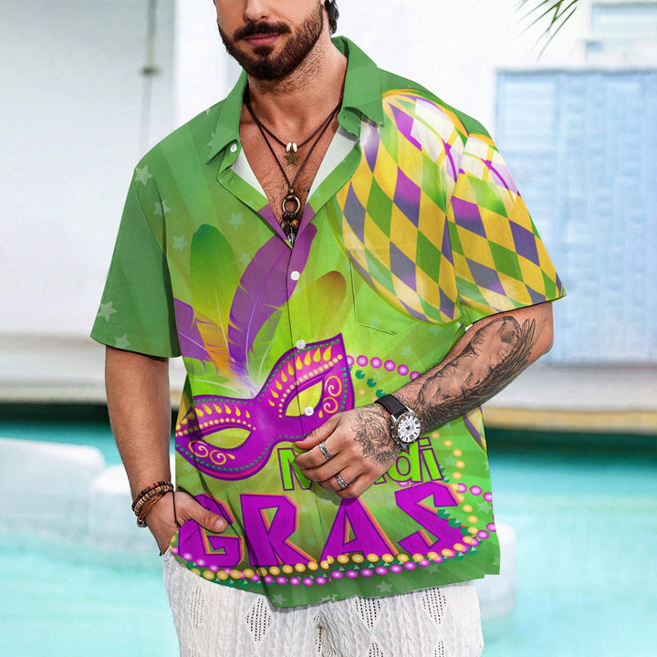 Men's Mardi Gras Mask Print Casual Short Sleeve Shirt 2412002274