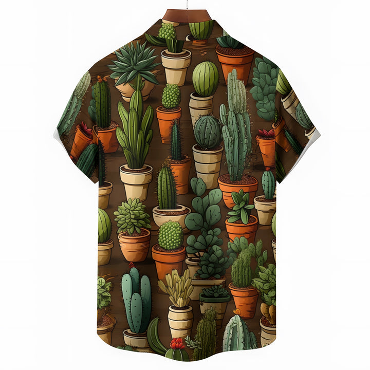 Men's Cactus Pot Print Casual Short Sleeve Shirt 2403000904