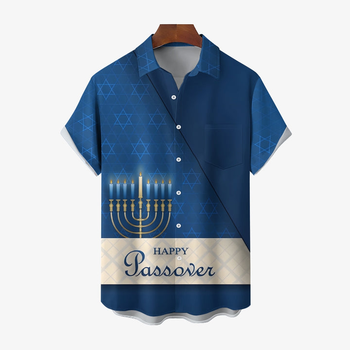 Happy Hanukkah Candle Print Short Sleeve Shirt 2411011968