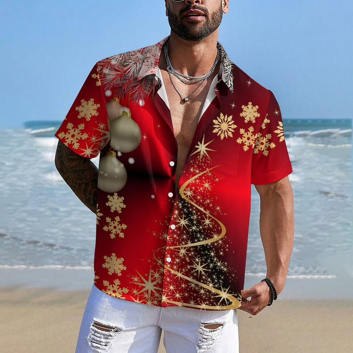 Christmas Tree Decorations Print Casual Short Sleeve Shirt 2412003168