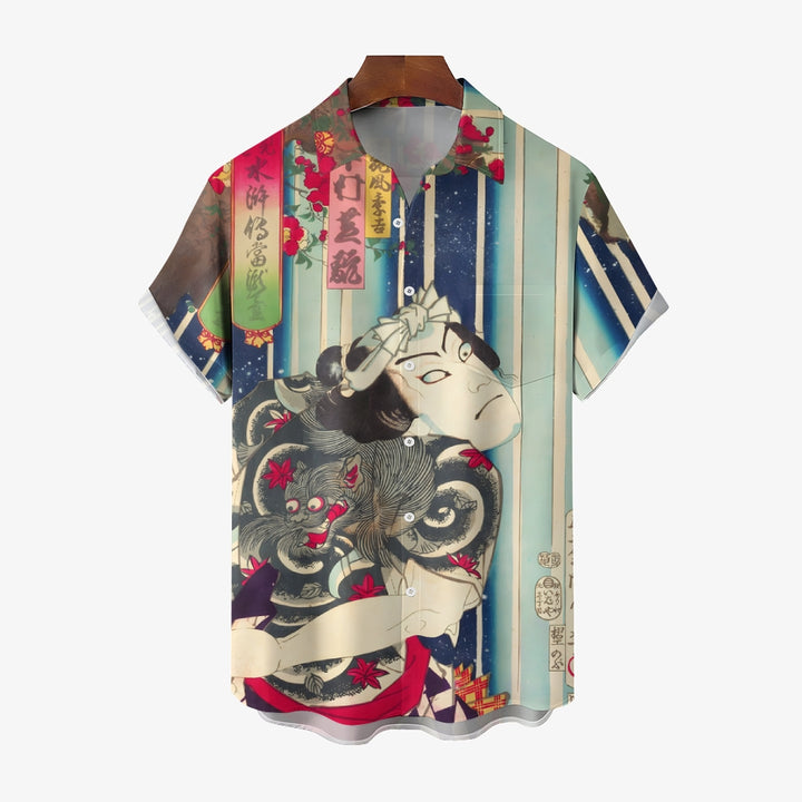 Ukiyoe Japanese Samurai Casual Large Size Short Sleeve Shirt 2406003336