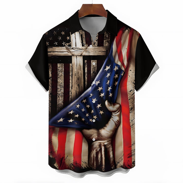 Men's Flag Patriotism Cross Casual Short Sleeve Shirt 2404001063