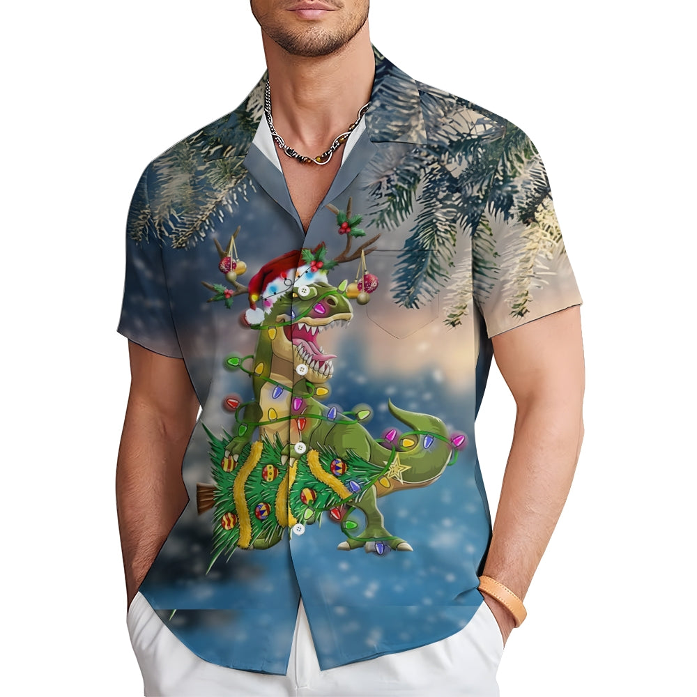 Dinosaur Christmas Colored Lights Casual Short Sleeve Shirt 2408007697