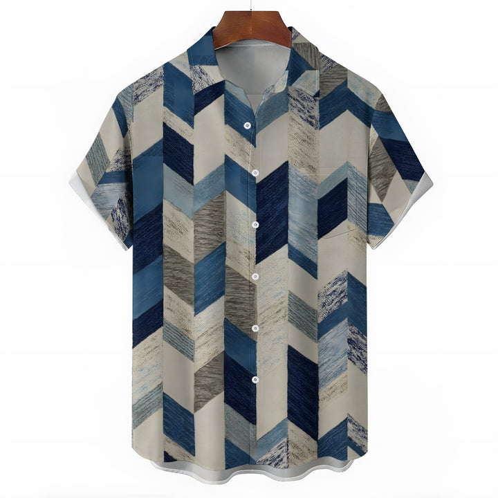 Retro Texture Geometric Print Casual Large Size Short Sleeve Shirt 2407002074