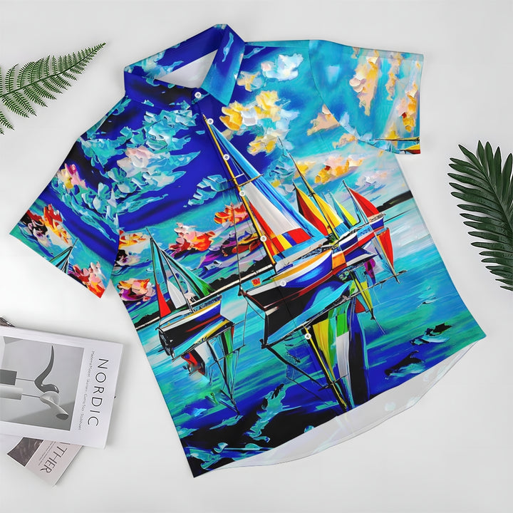 Sailboat Oil Painting Art Print Short Sleeve Shirt 2408007001