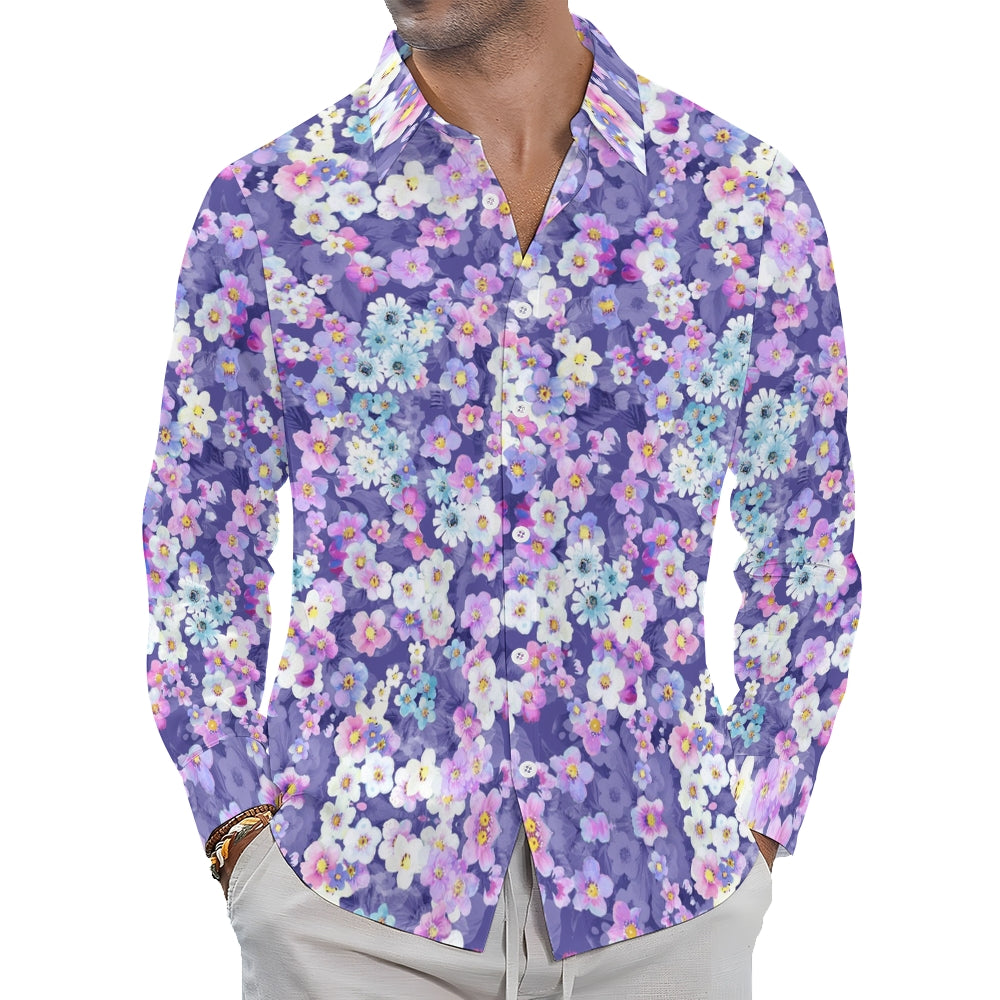 Men's Casual Small Purple Flowers Long Sleeve Shirt 2410004967