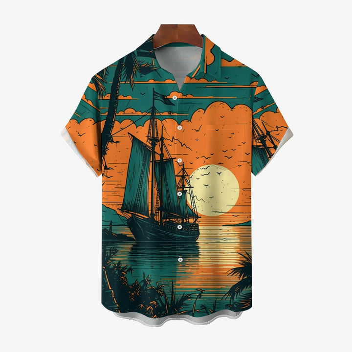 Sailing Boat On Sea Casual Short Sleeve Shirt 2405000681