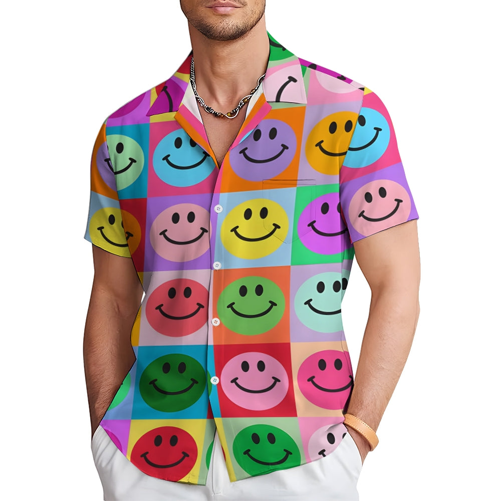 Colorful Smiley Face Patchwork Short-Sleeved Shirt 2409010805