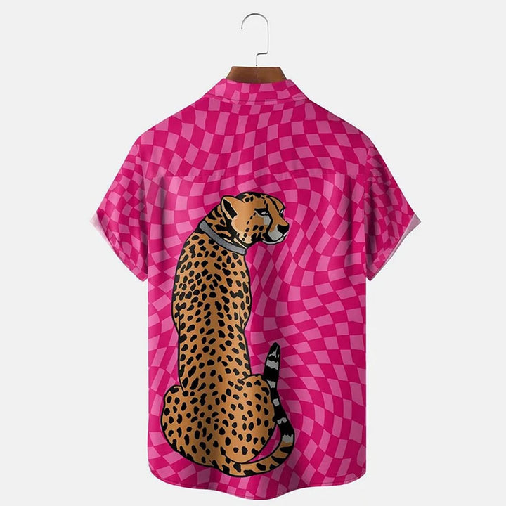 Leopard Checkerboard Print Casual Short Sleeve Shirt