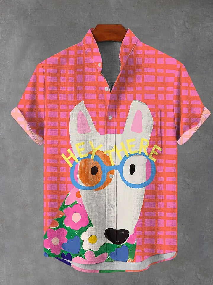 Men's Spectacled Dog Art Print Casual Short Sleeve Shirt