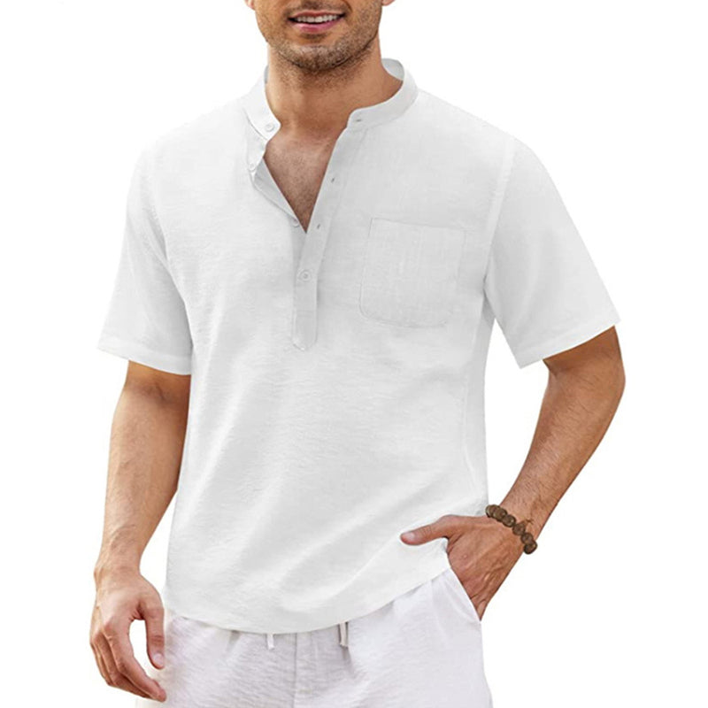 Breathable And Comfortable Cotton And Linen Stand-Up Collar Half-Lapel Short-Sleeved Shirt 2405000991